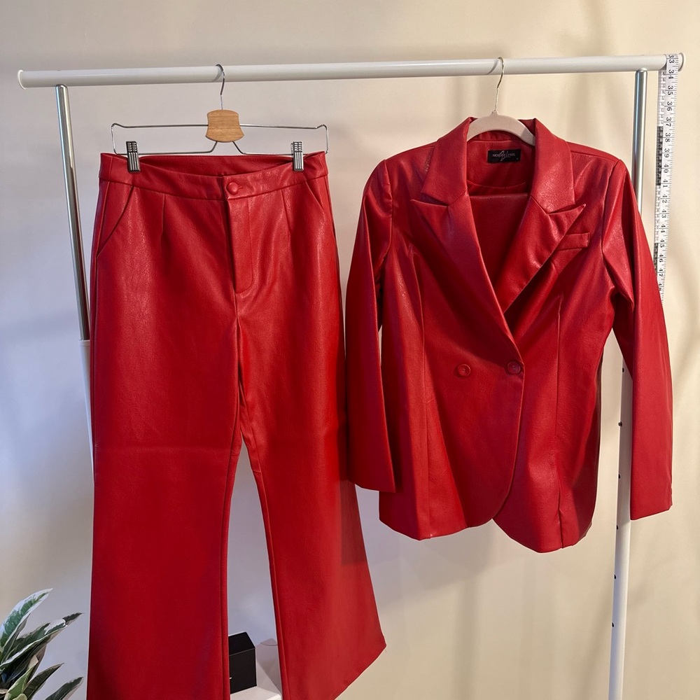 Red Vegan Leather Blazer and Pant Set